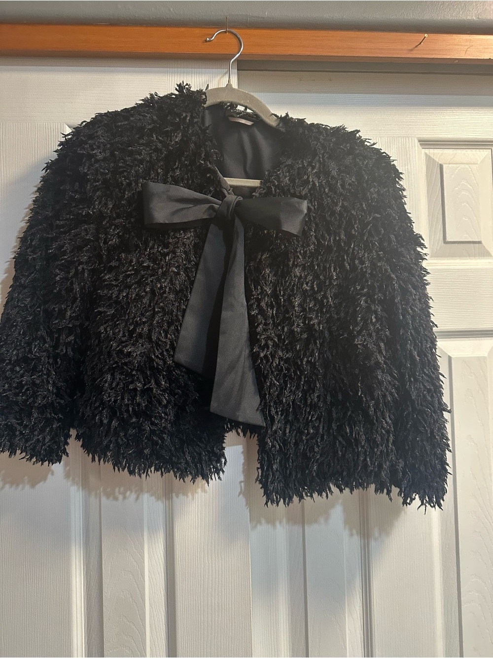 kate spade Black Faux Fur Teddy Jacket with Satin Bow